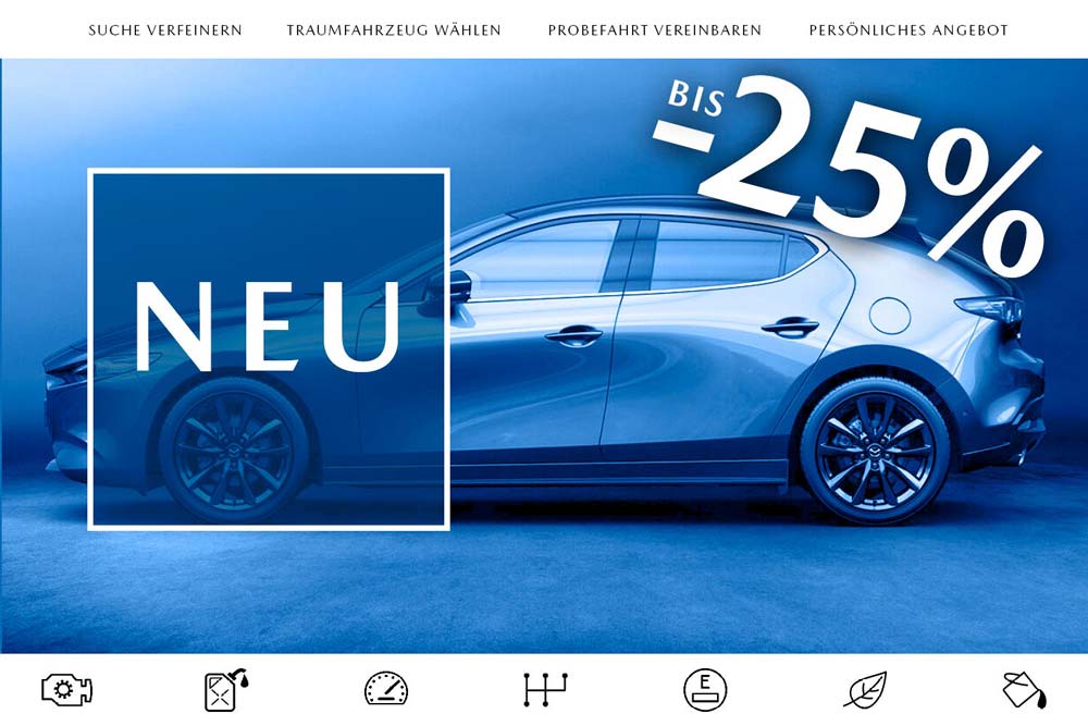 Seitenansicht Mazda3 monochrom blau, Aufschrift: neu, bis -25% auf Neuwagen